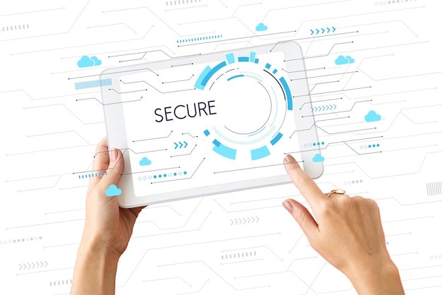 Hands holding a tablet with the word “Secure” on screen
