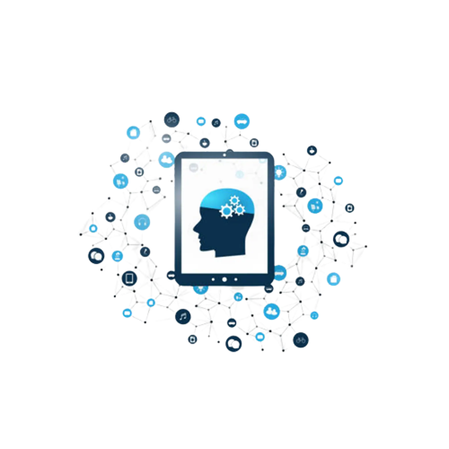 Tableta con una cabeza y engranajes, rodeada de una red de iconos conectados
