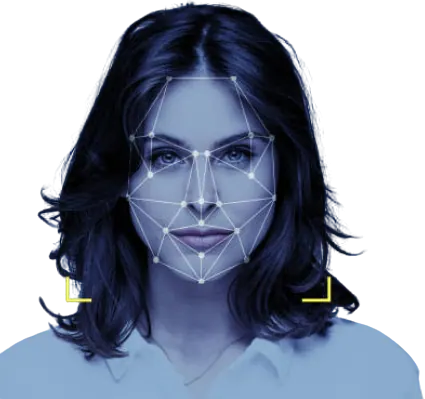 Woman's face with a mesh of facial recognition points
