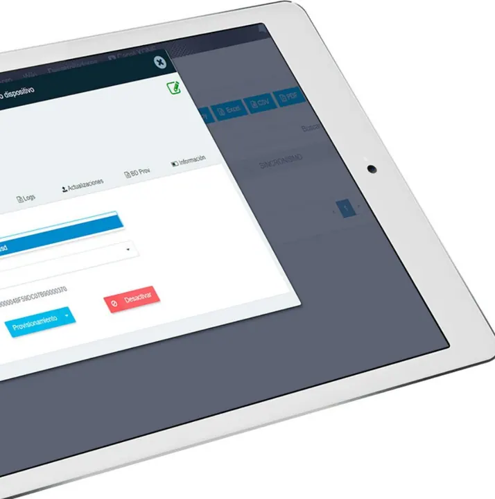 Ficha de un dispositivo con logs, actualizaciones y provisionamiento en una tableta