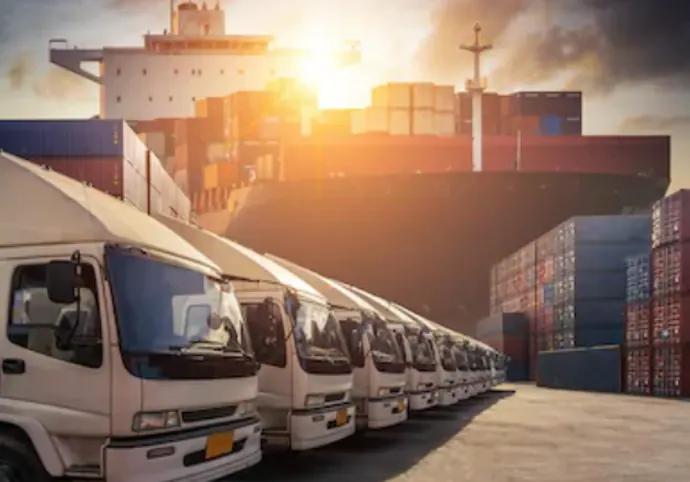 Fleet of freight trucks at a logistics terminal