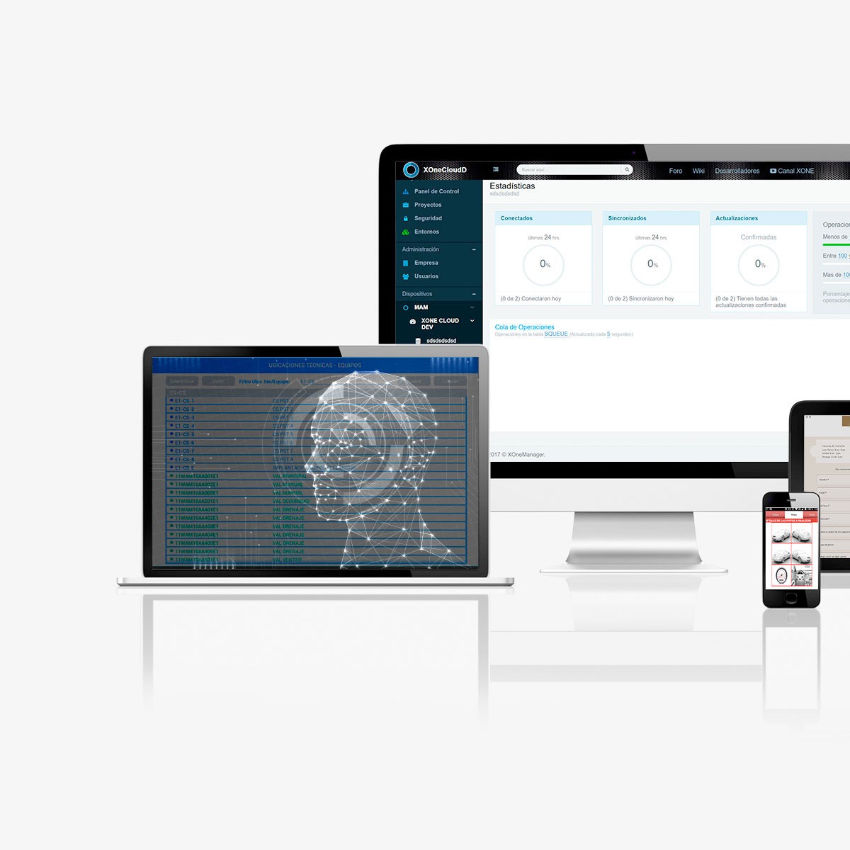 XOne web console and apps on a laptop, a tablet and a smartphone