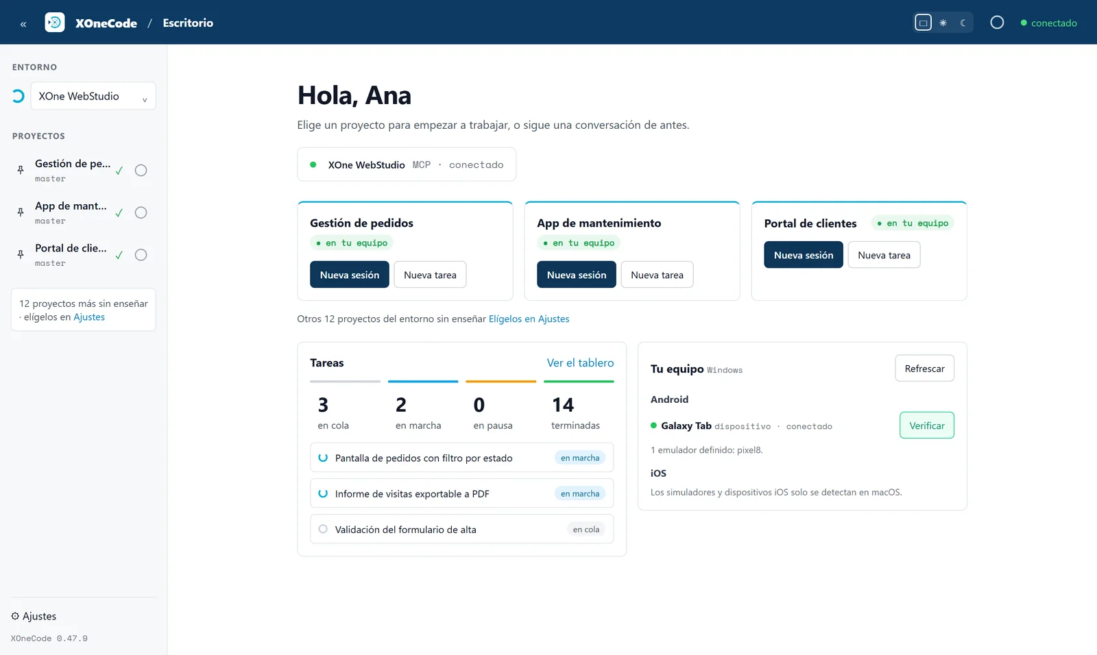 Escritorio de XOneCode: proyectos, tareas de los agentes en marcha y dispositivos conectados